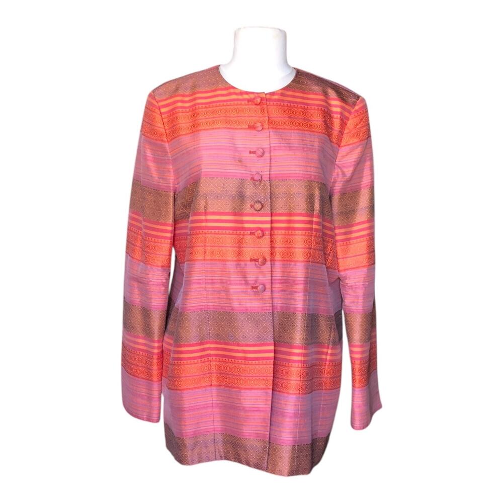 Carlisle Silk Blend Jacket Pink Button Front Striped Long Sleeve Women's Size 10